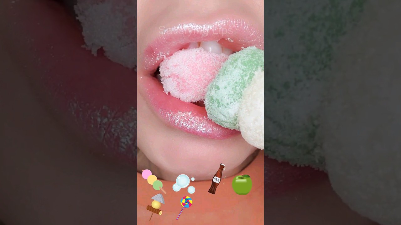 ASMR Satisfying Eating Sweet Emojis 🍡🍏🍭 #emojichallenge #asmrsounds #mukbang