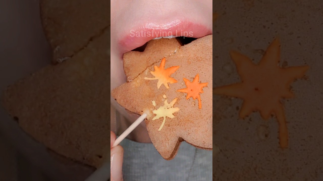 ASMR Satisfying Eating Cute Autumn Leaf Cookie 🍂 #asmr #crunchysound #asmrsounds