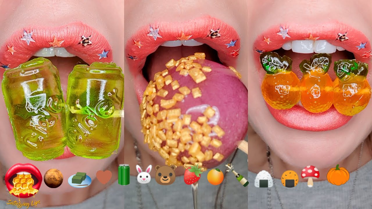 Satisfying EMOJI FOOD CHALLENGE! ASMR Eating 4D Gummies Kawaii Mazripan Honey Mukbang 먹방