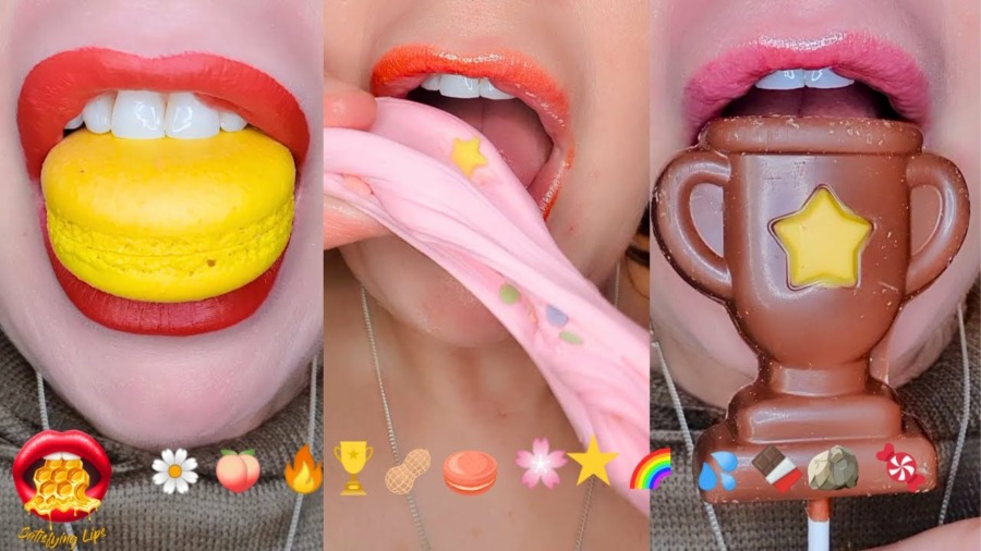 Satisfying ASMR EATING EMOJI FOOD CHALLENGE! EDIBLE SLIME FROZEN HONEY JELLY ROLL-UPS Mukbang 먹방